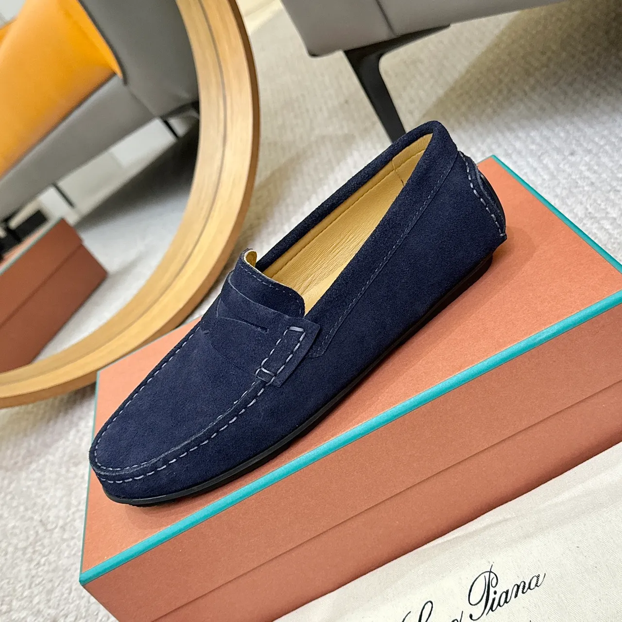 Navy White Suede Penny Strap Loafer 6