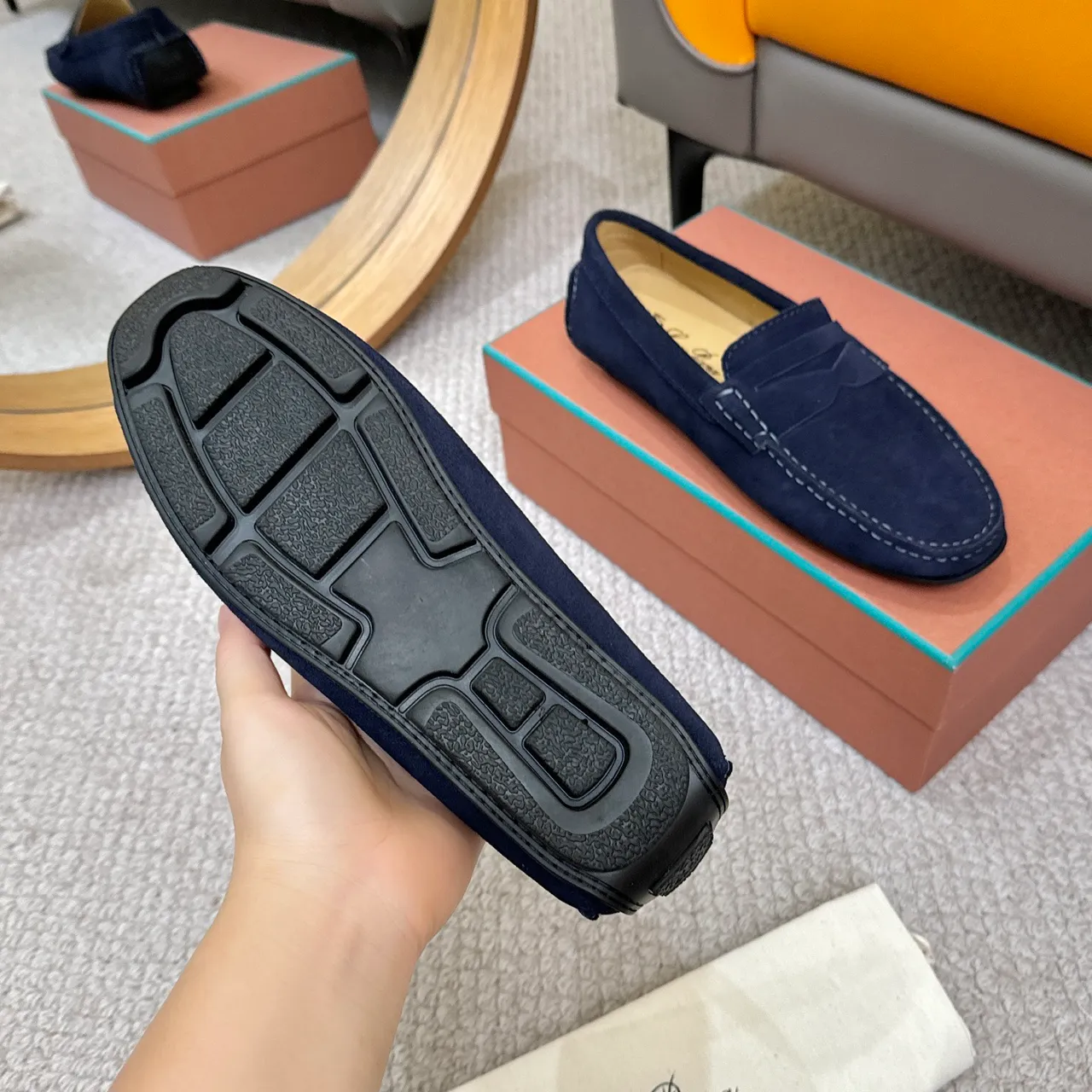 Navy White Suede Penny Strap Loafer 7