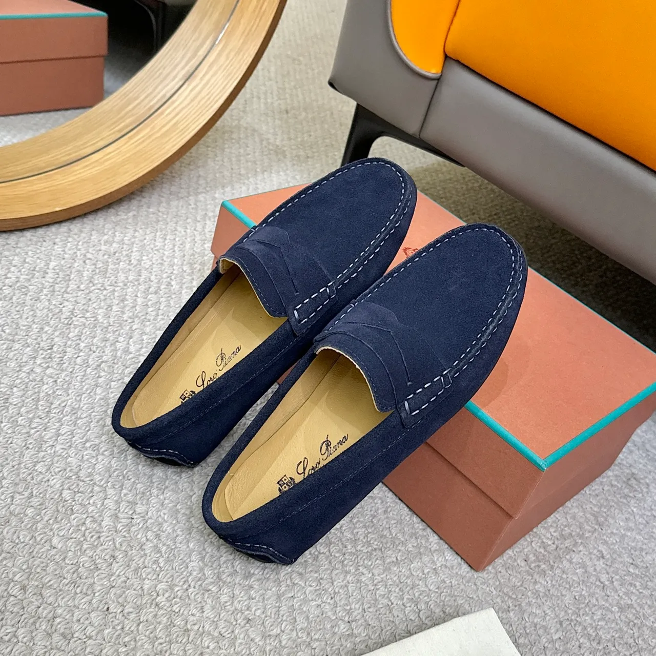 Navy White Suede Penny Strap Loafer 8