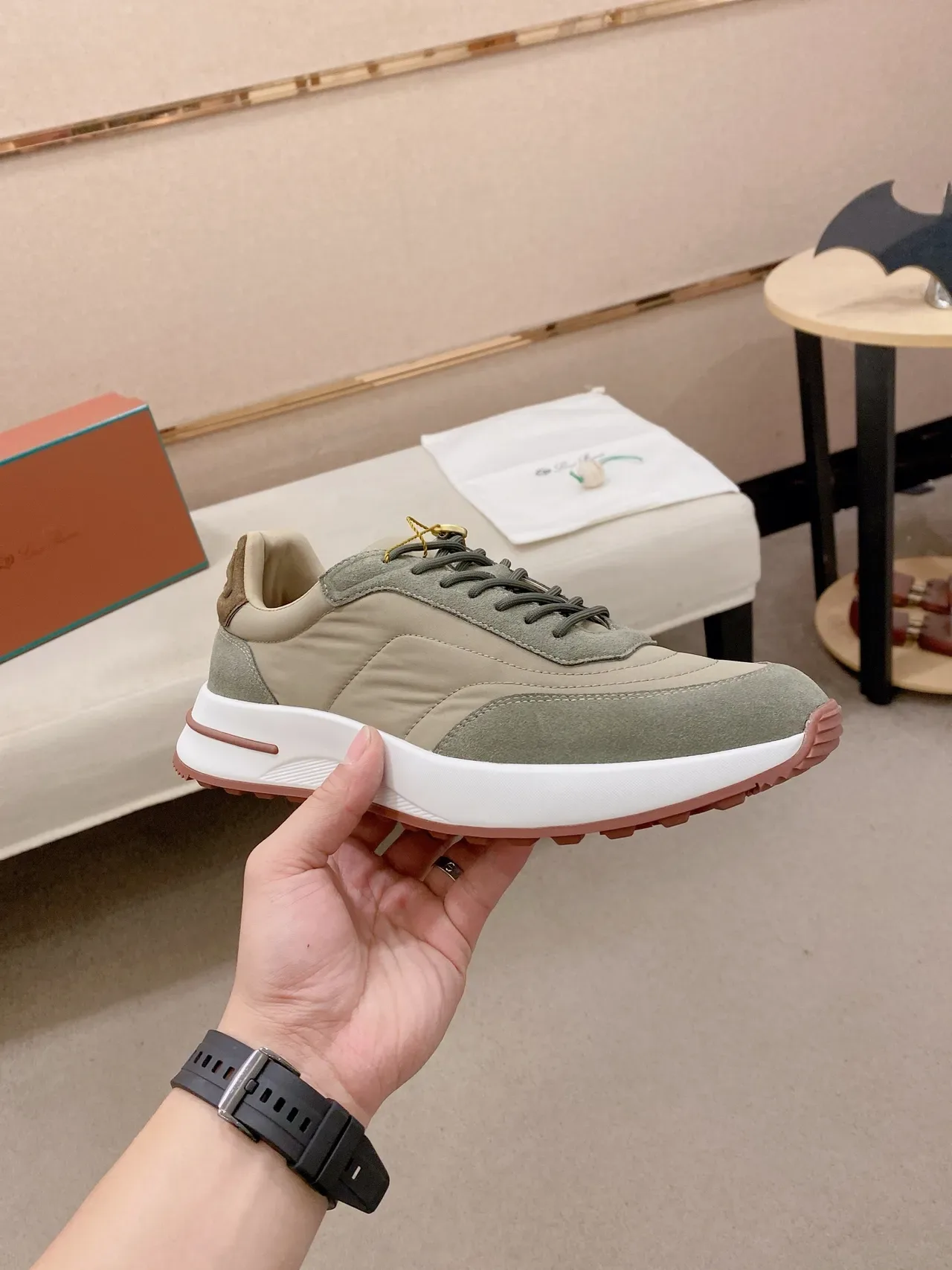 Olive Green and White Layered Suede Nylon Lifestyle Sneaker 5