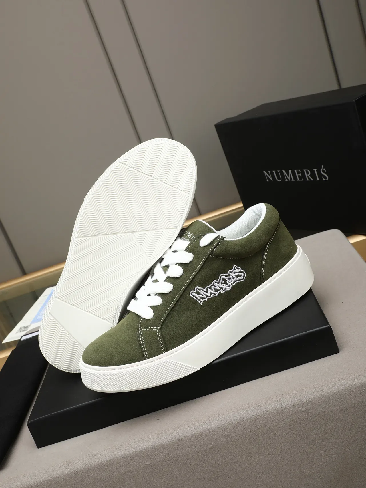 Olive Green Suede Embroidered Logo Platform Sneaker 4