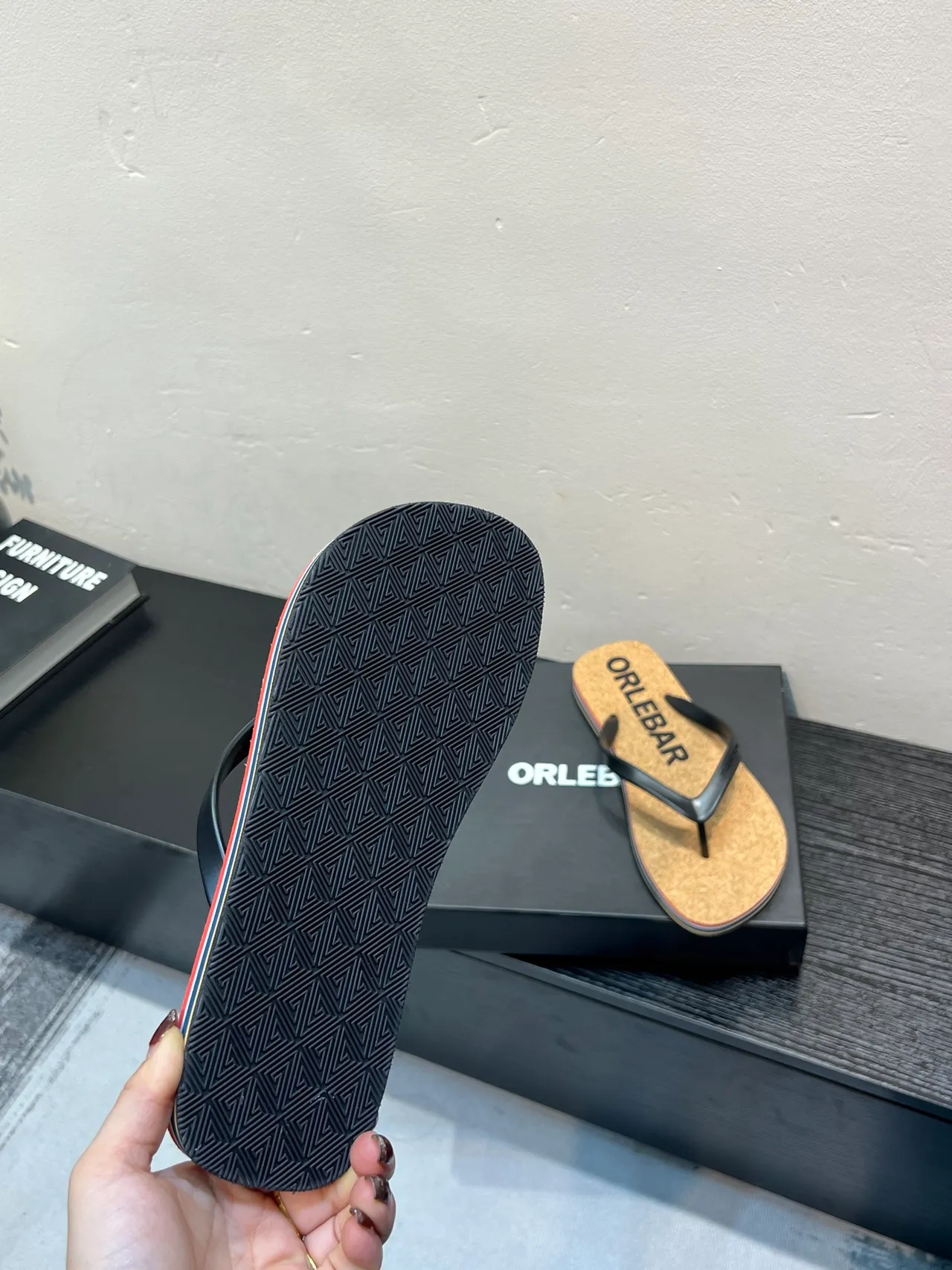 ORLEBAR BROWN Flip-Flop Black Cork Footbed Thong Strap Slippers 9