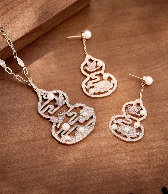 Ornamental Gourd and Bird Motif Pearl and Crystal Drop Earrings 2