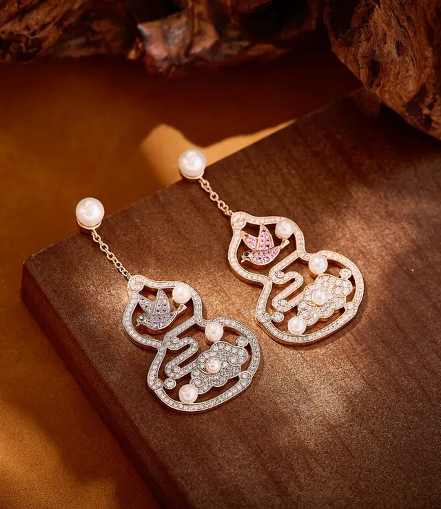 Ornamental Gourd and Bird Motif Pearl and Crystal Drop Earrings 3