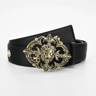 Ornate Lion-Head Buckle Black Pebbled Leather Belt