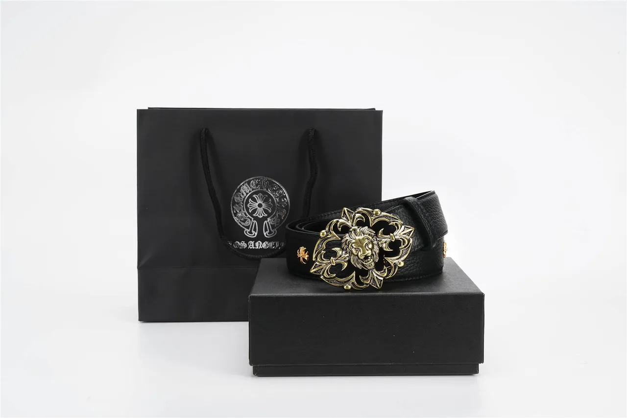 Ornate Lion-Head Buckle Black Pebbled Leather Belt 4
