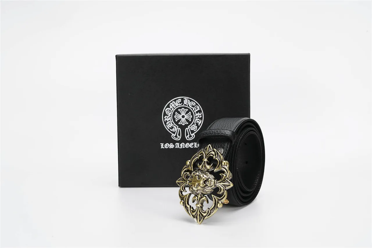 Ornate Lion-Head Buckle Black Pebbled Leather Belt 5