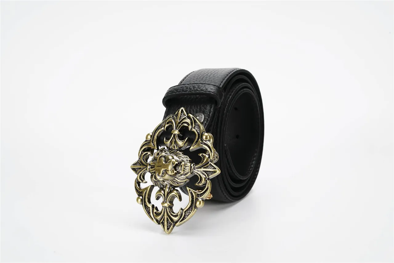 Ornate Lion-Head Buckle Black Pebbled Leather Belt 6