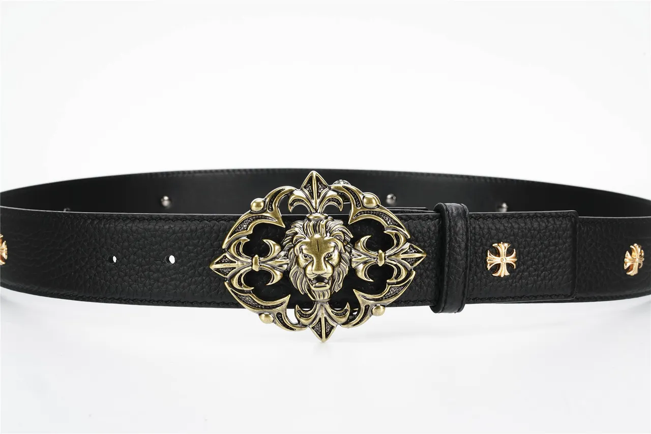 Ornate Lion-Head Buckle Black Pebbled Leather Belt 8