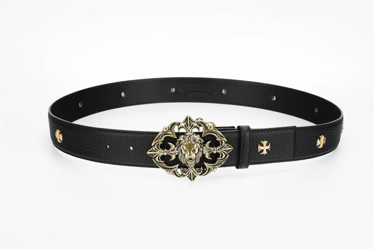 Ornate Lion-Head Buckle Black Pebbled Leather Belt 9