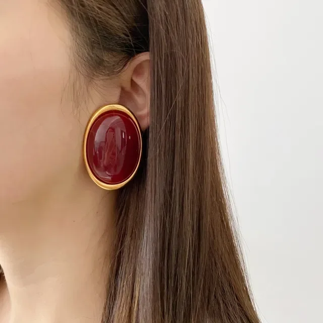 Oval Cabochon Red Stone Gold-Tone Earrings 2