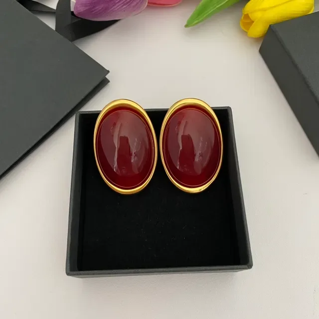 Oval Cabochon Red Stone Gold-Tone Earrings 5