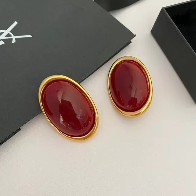 Oval Cabochon Red Stone Gold-Tone Earrings 7