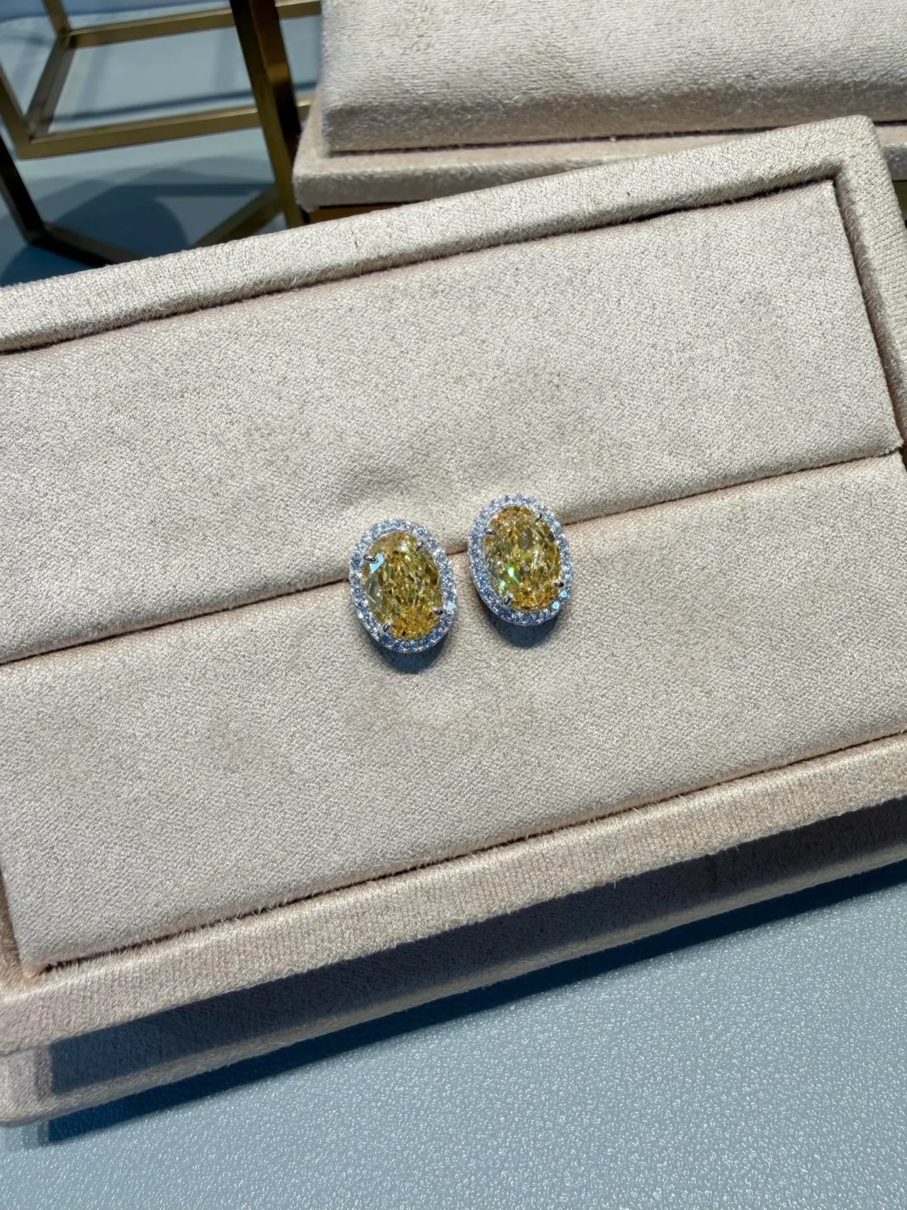 Oval Yellow Gemstone Halo Stud Earrings 4