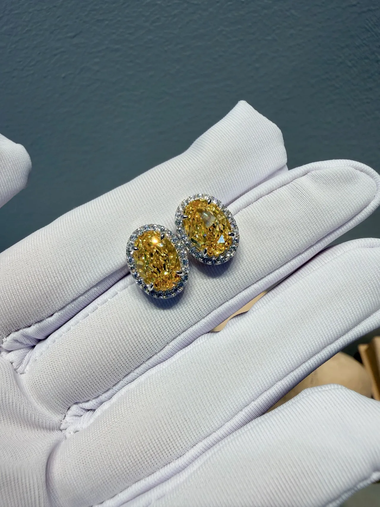 Oval Yellow Gemstone Halo Stud Earrings 6