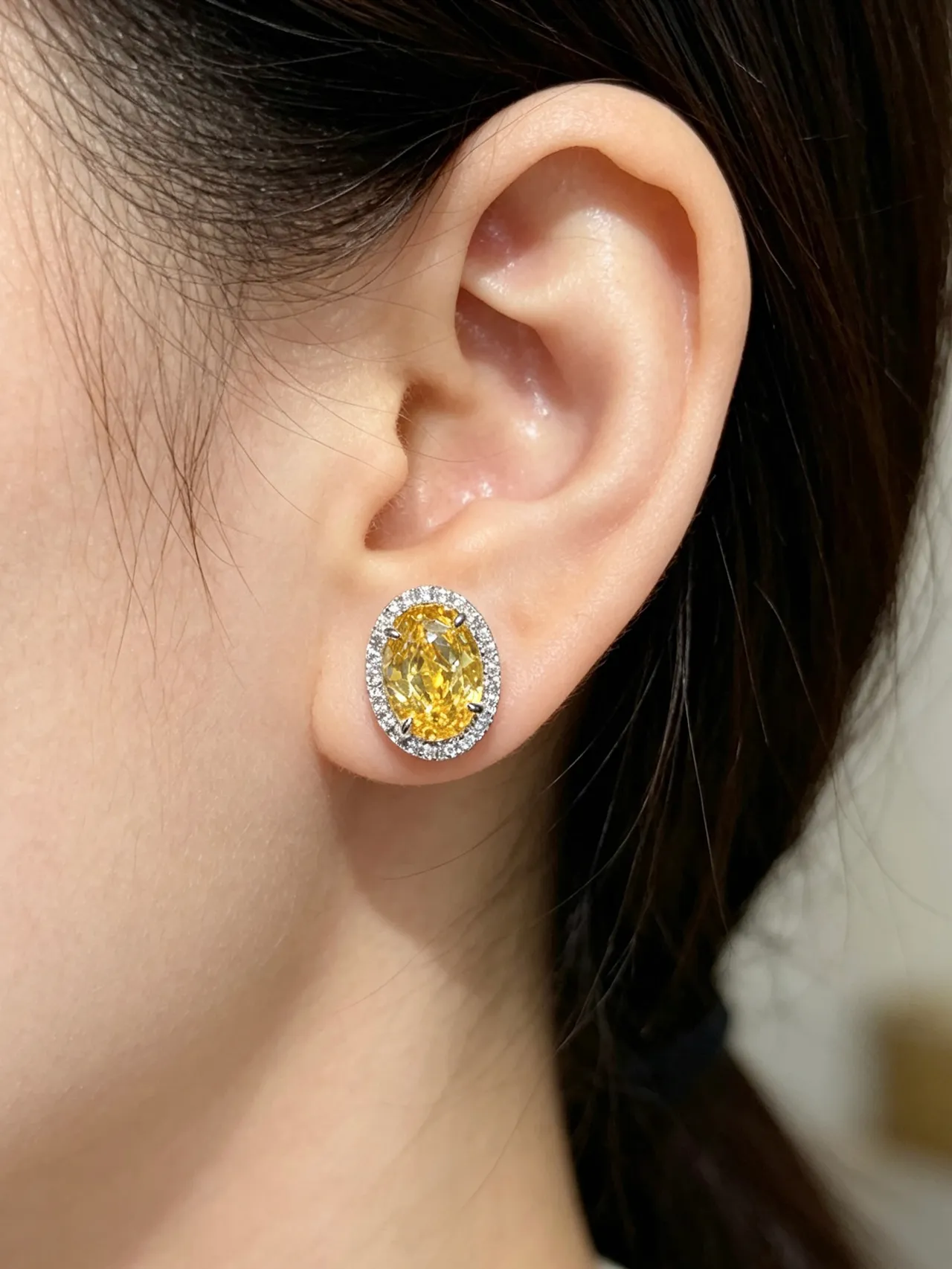 Oval Yellow Gemstone Halo Stud Earrings 9