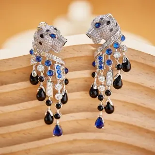 Panther-Head Motif Pavé and Gemstone Dangling Earrings