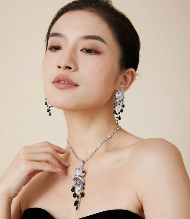 Panther-Head Motif Pavé and Gemstone Dangling Earrings 2