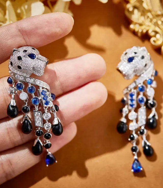 Panther-Head Motif Pavé and Gemstone Dangling Earrings 3
