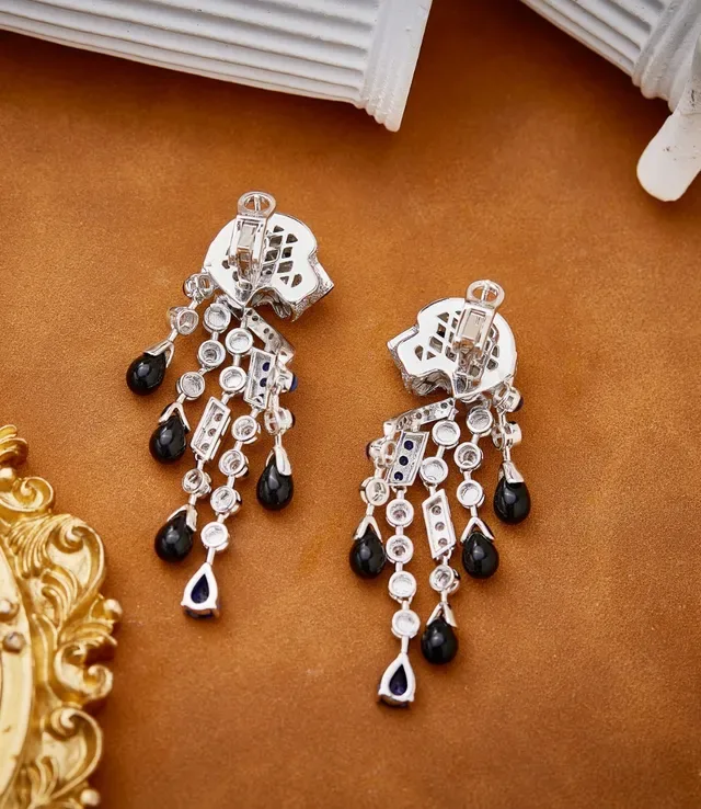 Panther-Head Motif Pavé and Gemstone Dangling Earrings 4
