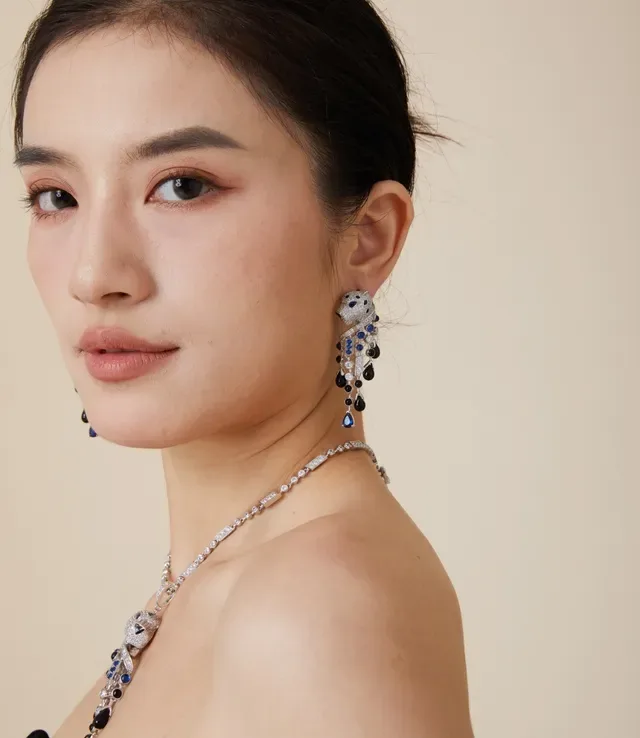Panther-Head Motif Pavé and Gemstone Dangling Earrings 5