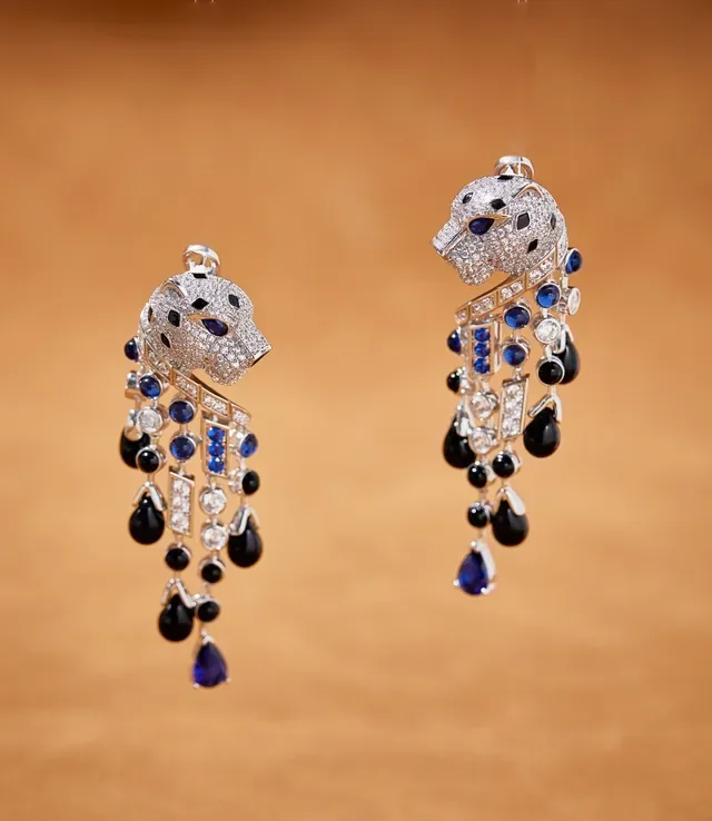 Panther-Head Motif Pavé and Gemstone Dangling Earrings 6