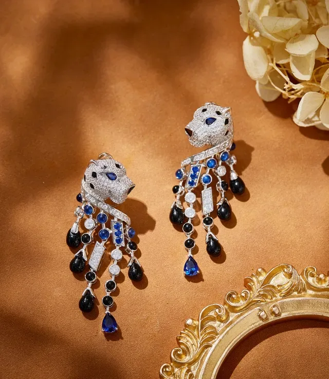 Panther-Head Motif Pavé and Gemstone Dangling Earrings 7
