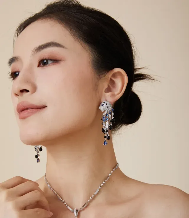 Panther-Head Motif Pavé and Gemstone Dangling Earrings 8