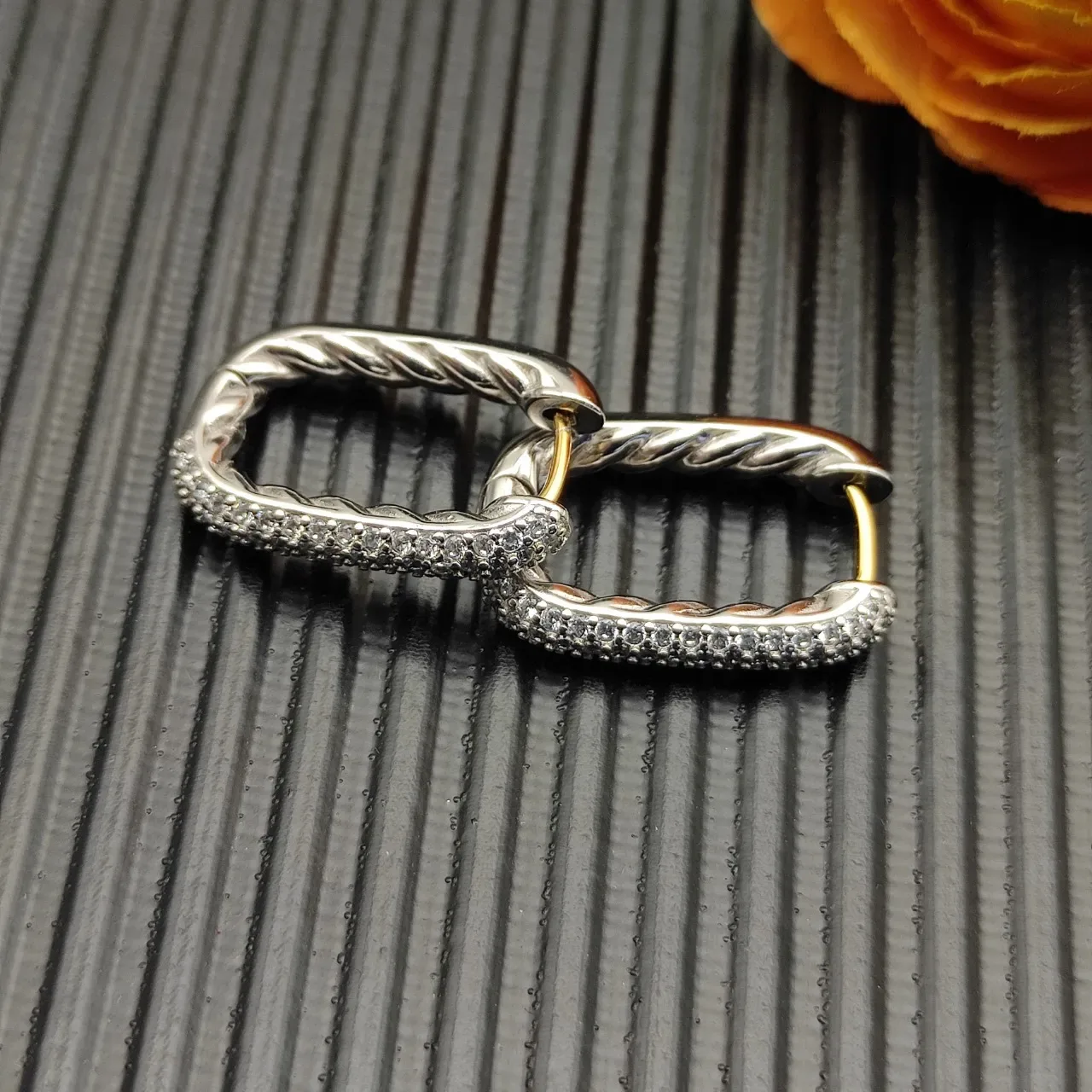 Pavé-Set Twisted Wire Hinged Hoop Earrings 6