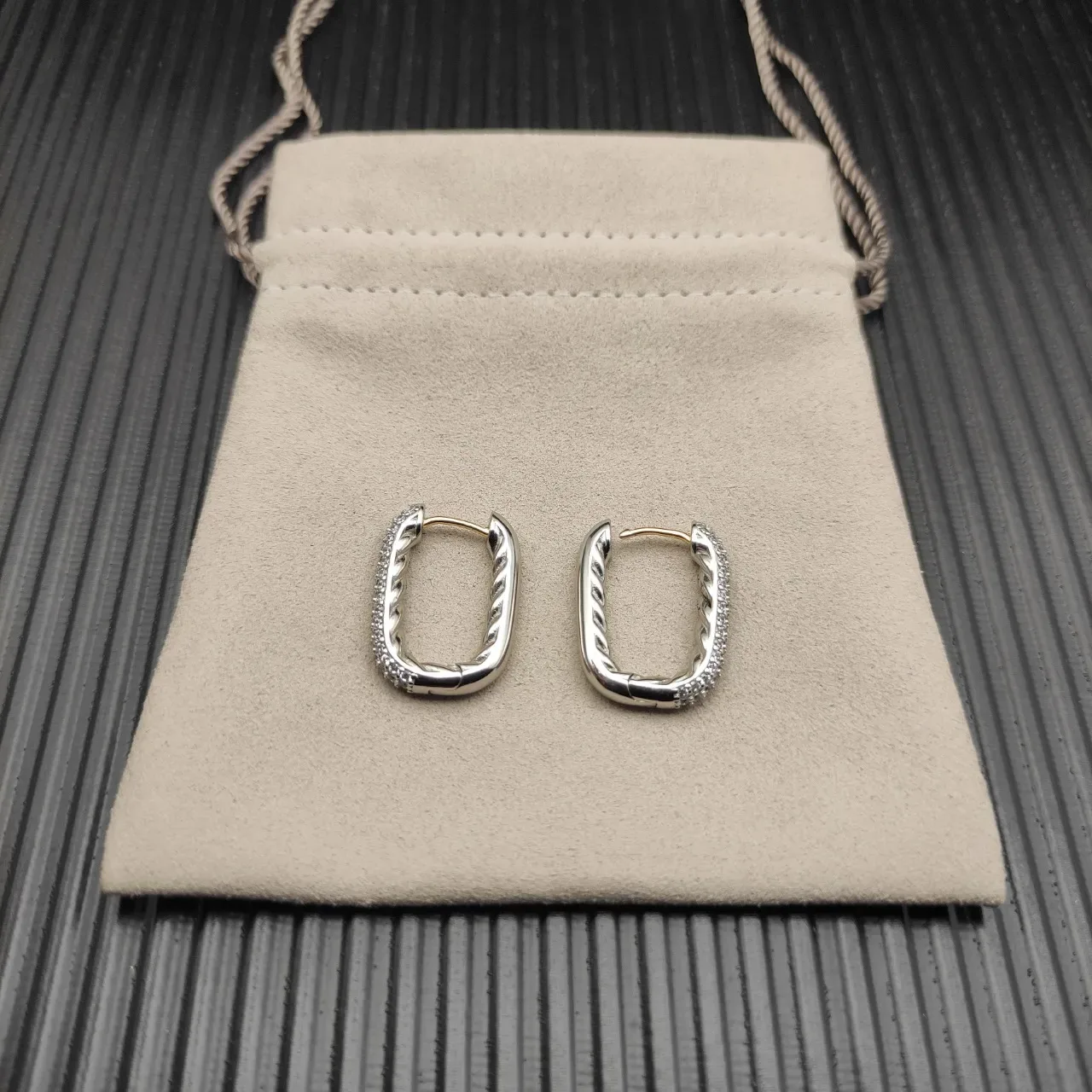 Pavé-Set Twisted Wire Hinged Hoop Earrings 8