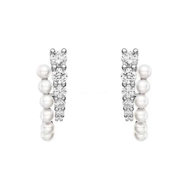 Pearl and Clear Stone Dual-Row Curved Hoop Earrings 3