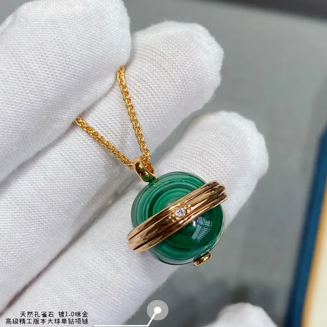 Piaget Green Gold Spherical Malachite Pendant Dual Ring Bezel Necklace 4