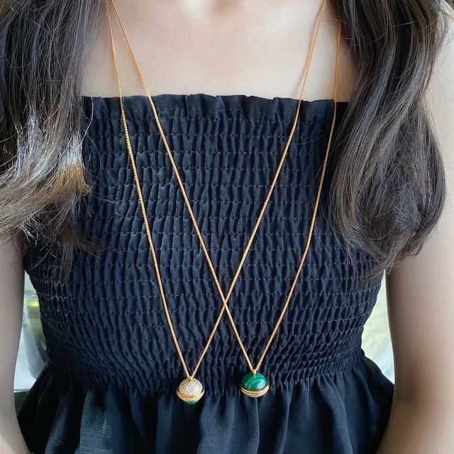 Piaget Green Gold Spherical Malachite Pendant Dual Ring Bezel Necklace 9