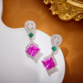 Pink and Green Square-Cut Gemstone Pavé Drop Earrings