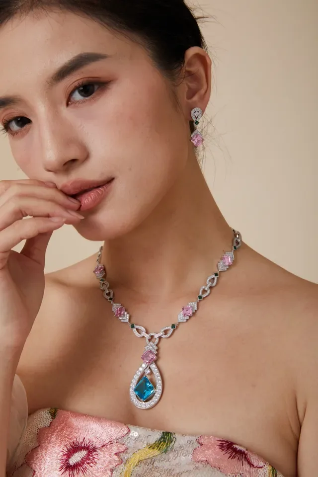 Pink and Green Square-Cut Gemstone Pavé Drop Earrings 3