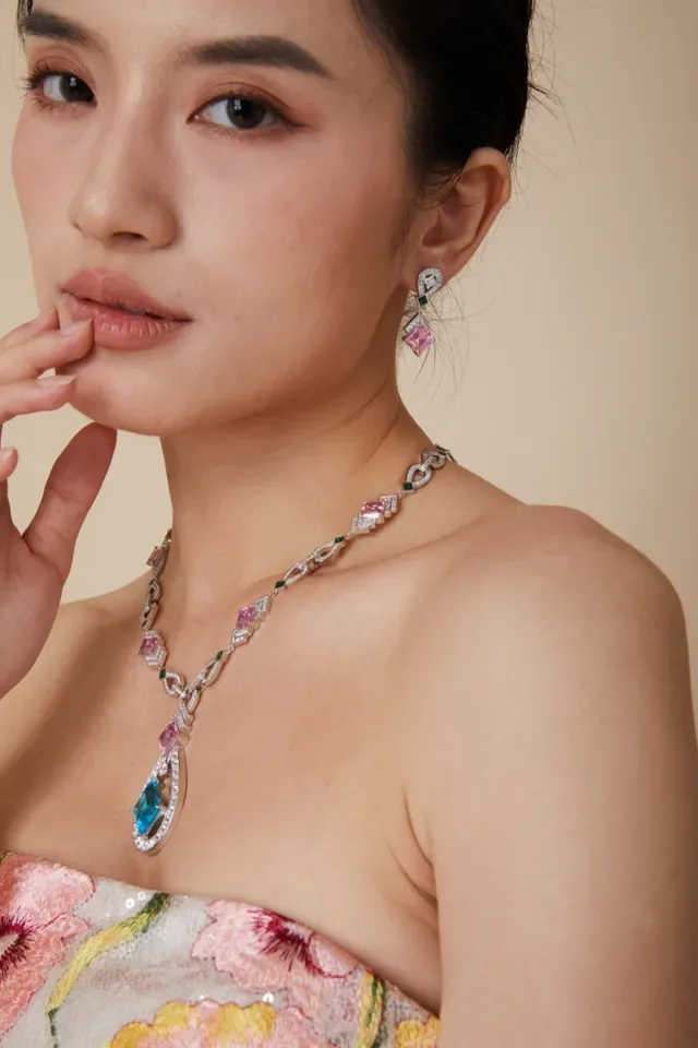 Pink and Green Square-Cut Gemstone Pavé Drop Earrings 4