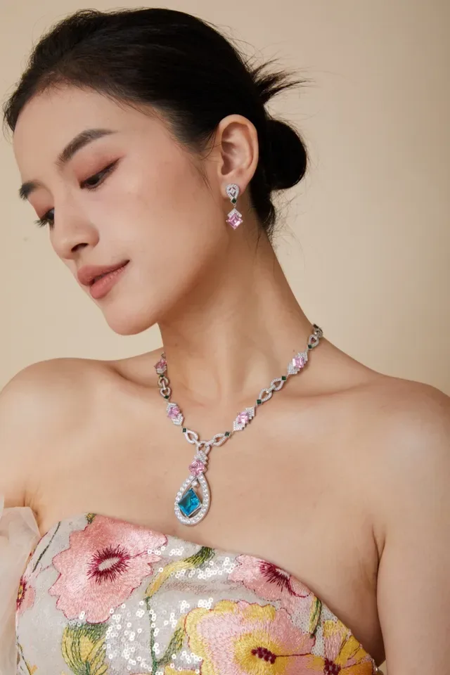 Pink and Green Square-Cut Gemstone Pavé Drop Earrings 8