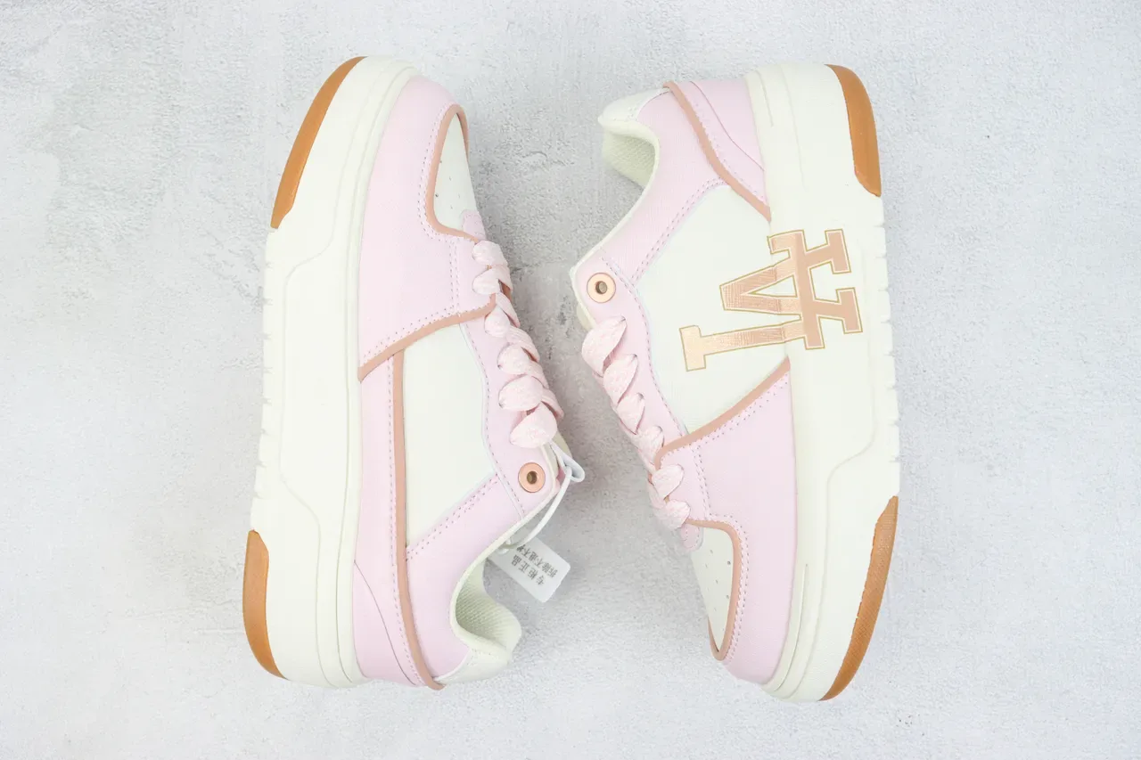 Pink Beige Platform Sole Mixed-Material Upper Sneakers 2