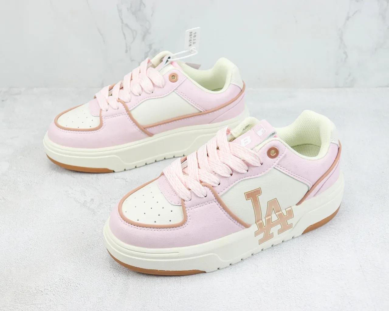 Pink Beige Platform Sole Mixed-Material Upper Sneakers 4