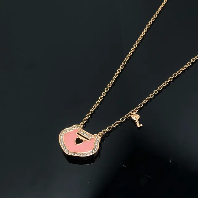 Pink Gold Chain Enamel Lock Pendant Necklace 4