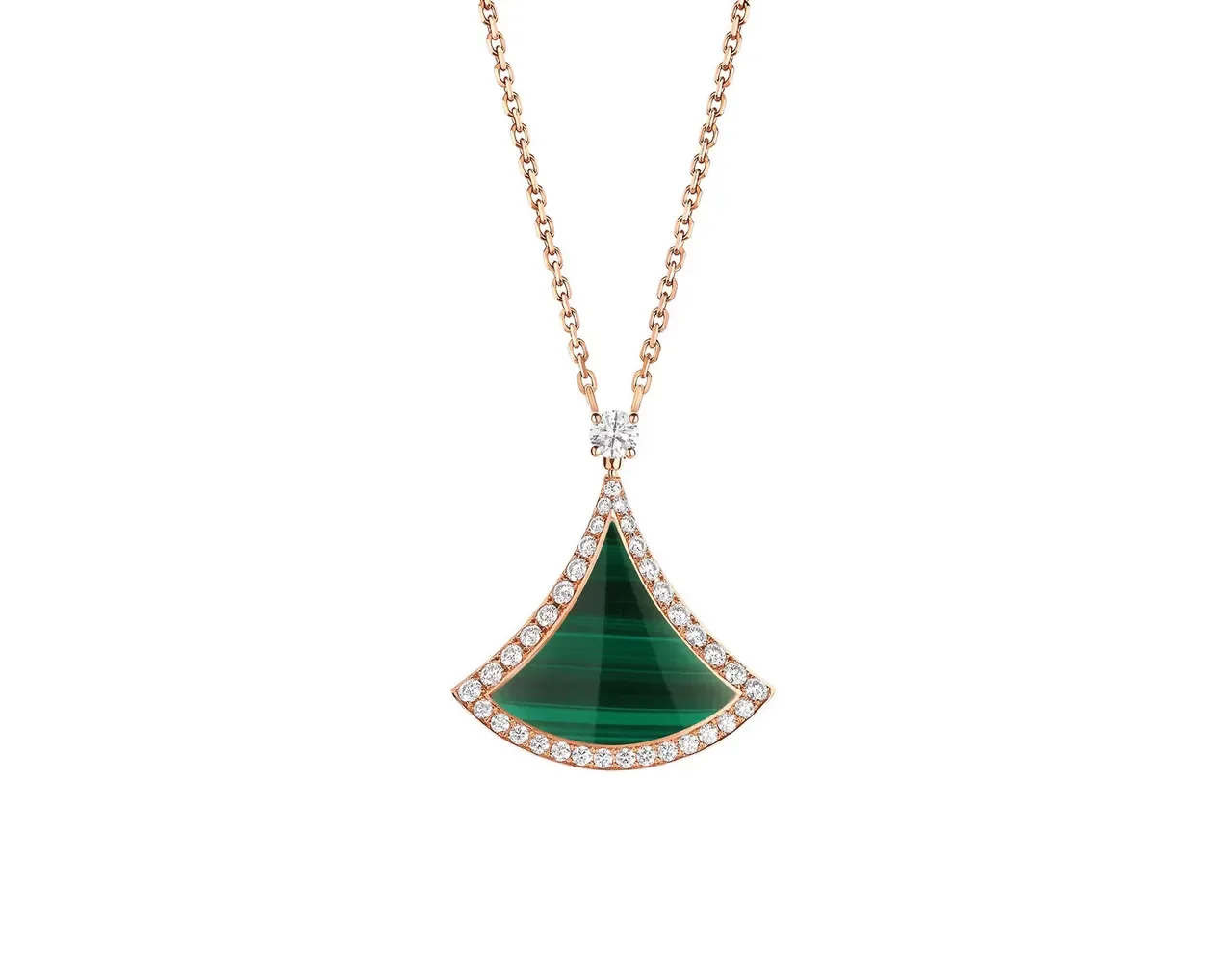 Pink Gold Fan-Shaped Pendant Pavé Gemstone Border Necklace 3