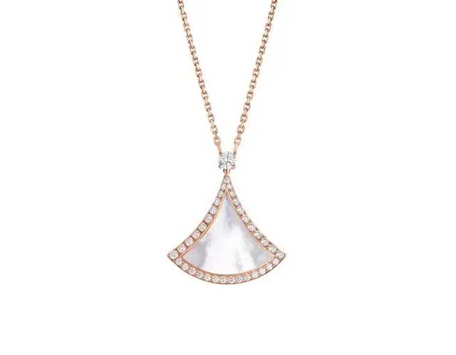 Pink Gold Fan-Shaped Pendant Pavé Gemstone Border Necklace 4