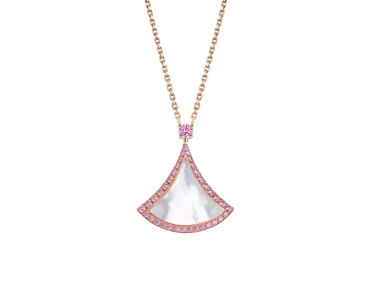 Pink Gold Fan-Shaped Pendant Pavé Gemstone Border Necklace 6
