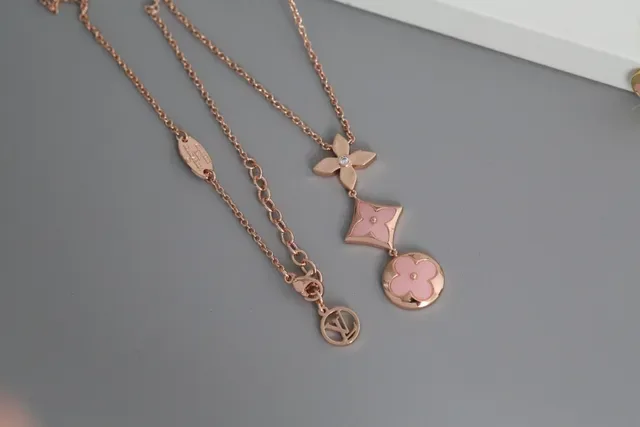 Pink Gold Multi-Charm Pendant Enamel Floral Motifs Necklace 6