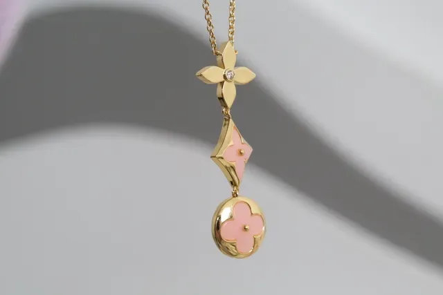Pink Gold Multi-Charm Pendant Enamel Floral Motifs Necklace 9