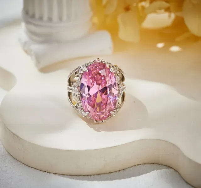 Pink Gold Oval-Cut Gemstone Ornate White Metal Halo Setting Ring 3