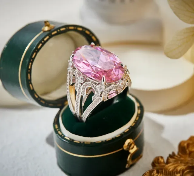 Pink Gold Oval-Cut Gemstone Ornate White Metal Halo Setting Ring 5