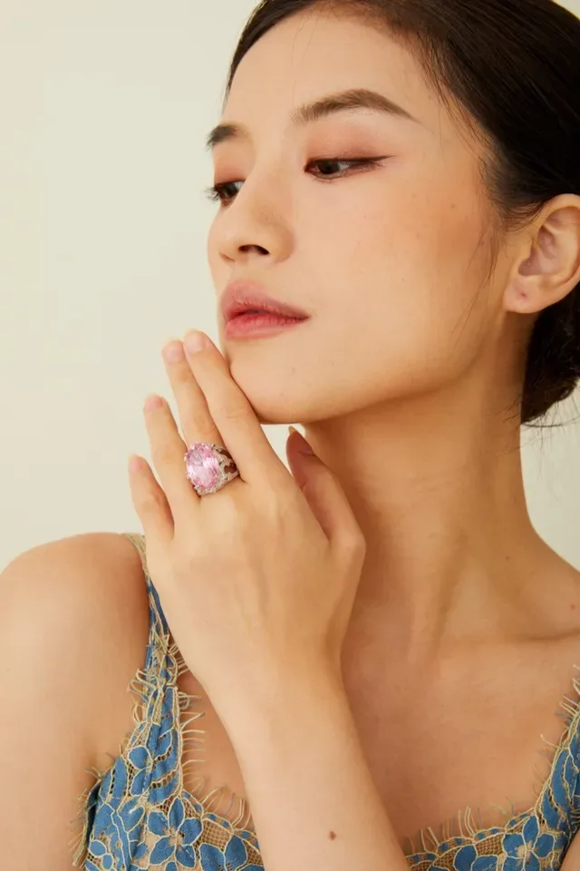 Pink Gold Oval-Cut Gemstone Ornate White Metal Halo Setting Ring 8