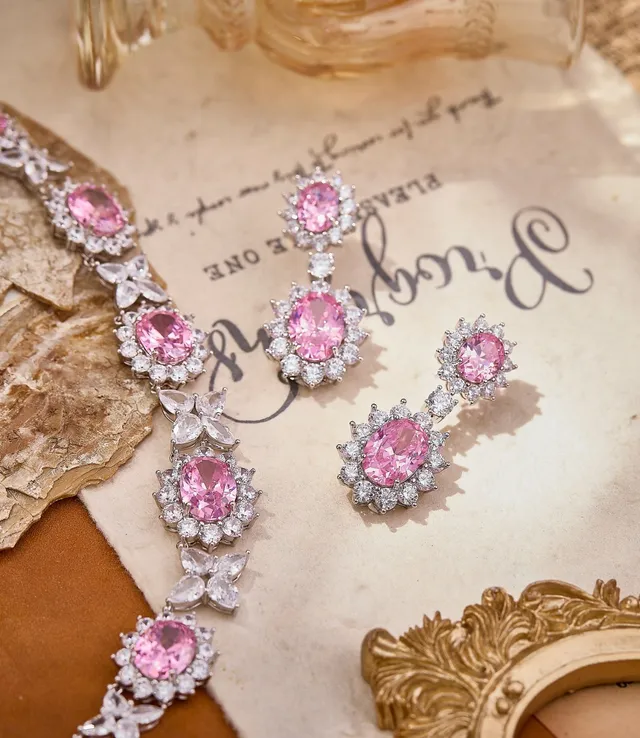 Pink Oval Gemstone Double-Drop Halo Earrings 2
