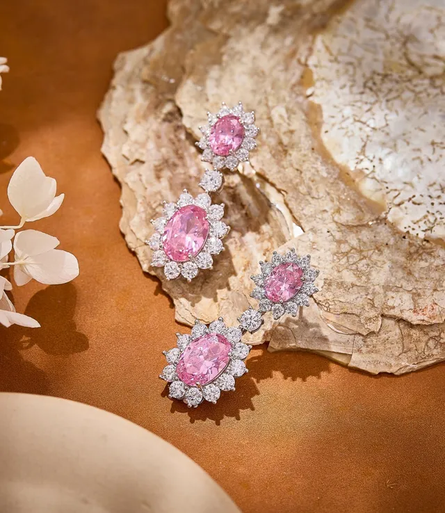 Pink Oval Gemstone Double-Drop Halo Earrings 3